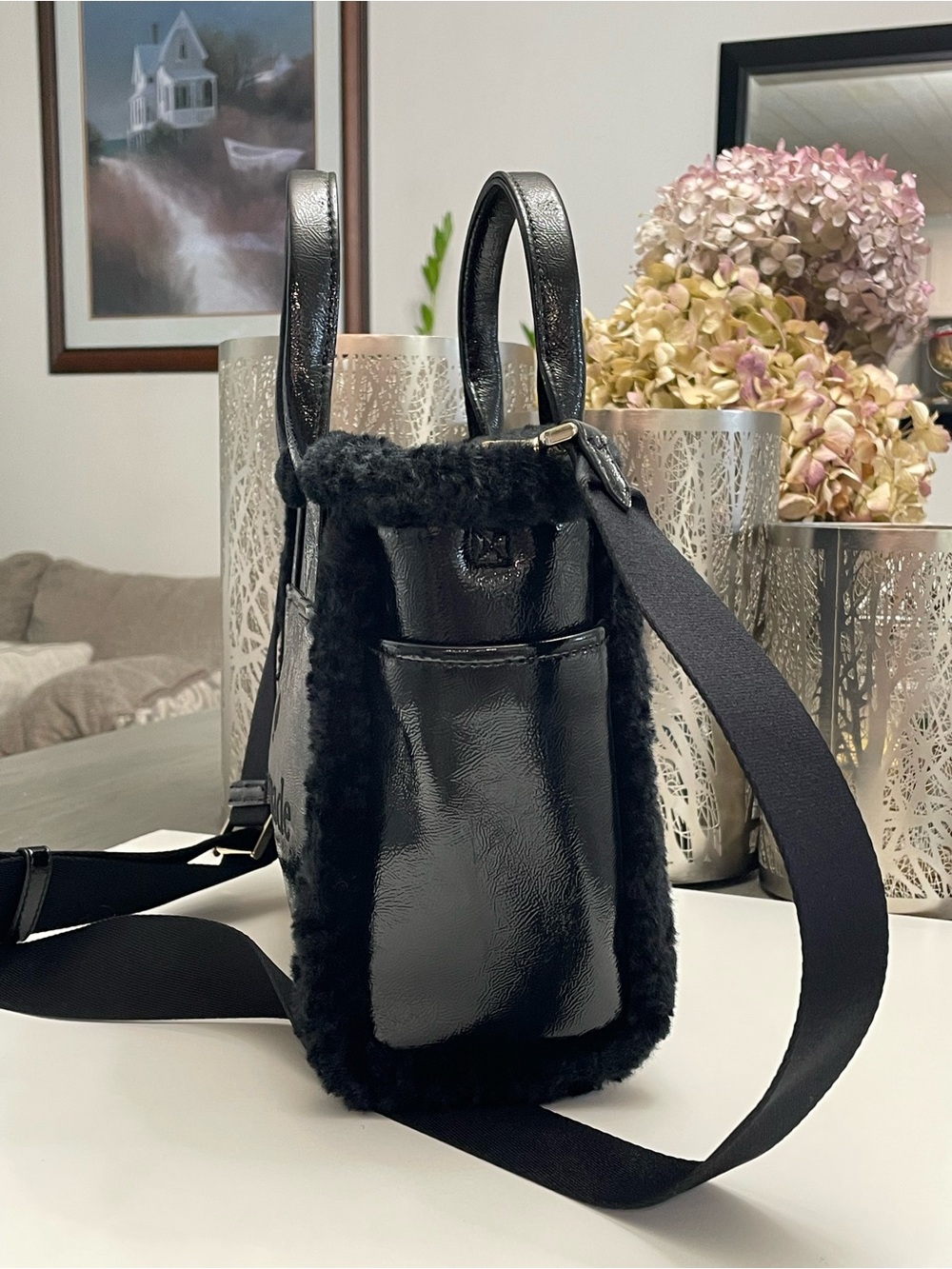 KATE SPADE JETT FAUX SHEARLING SMALL TOTE CROSSBODY BAG BLACK